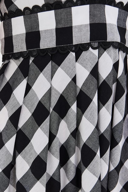 Black And White Plaid Deep V Bubble Sleeve Long Dress