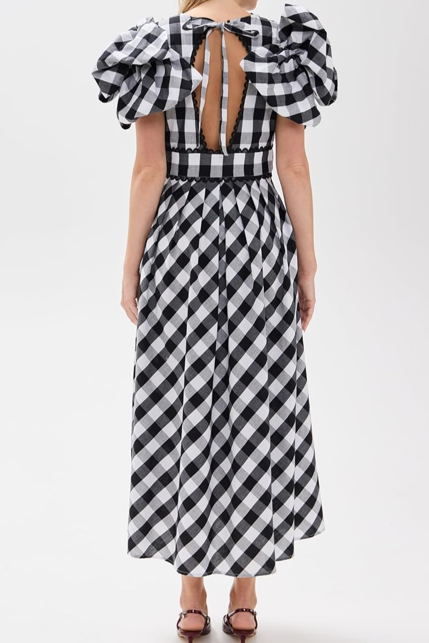 Black And White Plaid Deep V Bubble Sleeve Long Dress