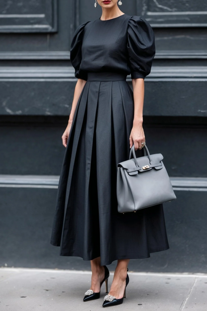 Pure Black Puff Sleeve Dress
