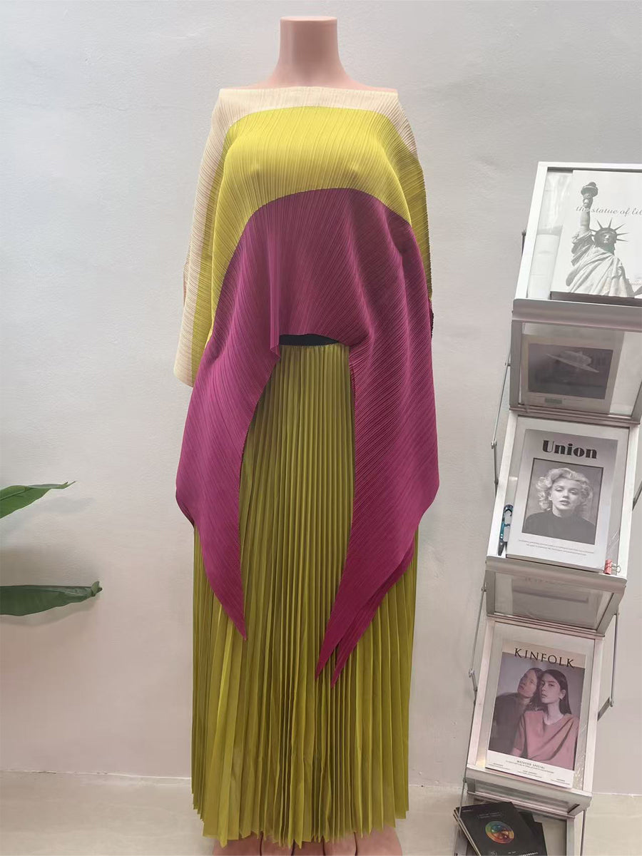 Irregular Color Block Pleated Two Pieces Set