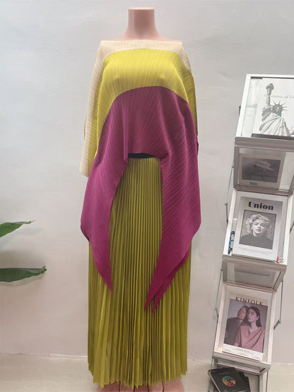 Irregular Color Block Pleated Two Pieces Set