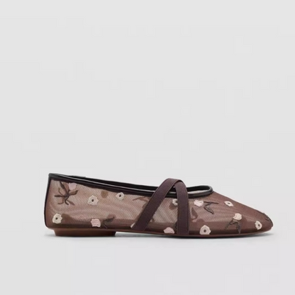 Mesh Embroidered Flower Round-toe Cross-strap Ballet Flats
