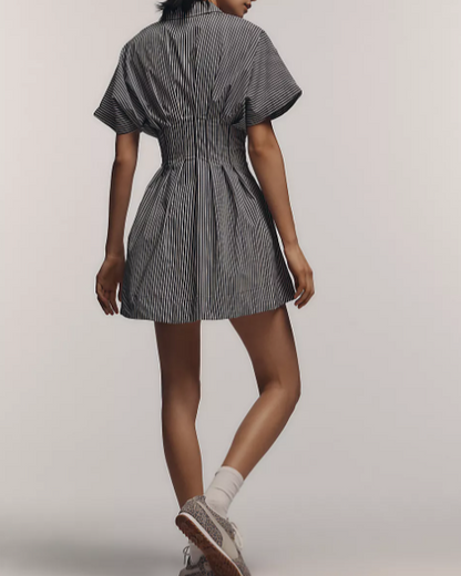 Nipped Waist, Button Front Pleated Shirt Dress: Mini