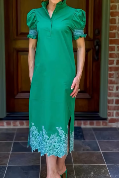 Bubble Sleeve Green Embroidered Dress