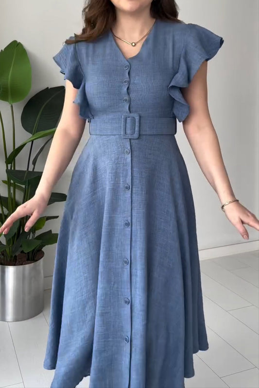 Ruffled Sleeveless, V-neck Single-breasted Maxi Dress