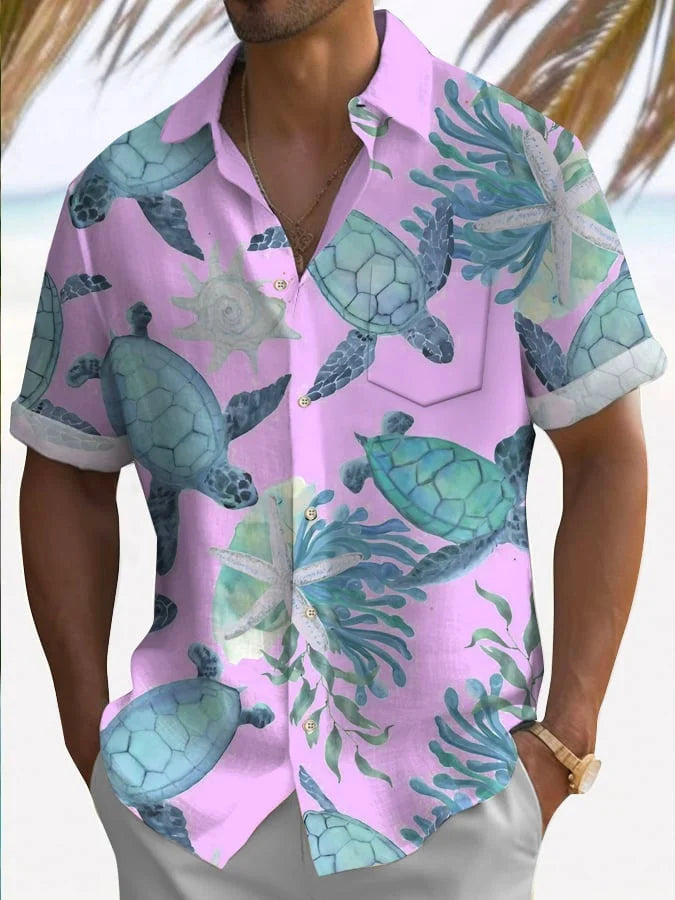 Men's Hawaiian Turtle Print Casual Short Sleeve Shirt (With Pockets)