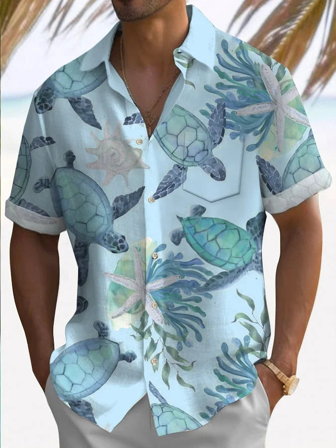 Men's Hawaiian Turtle Print Casual Short Sleeve Shirt (With Pockets)