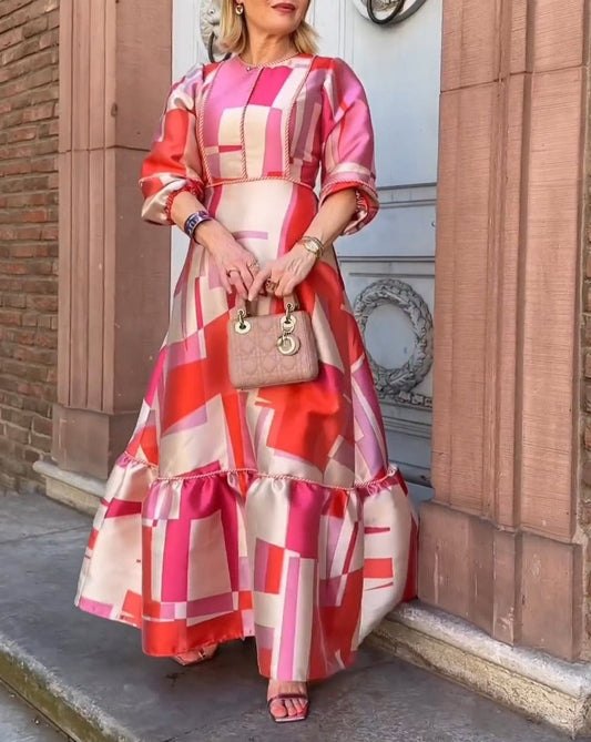 Red print long sleeve dress