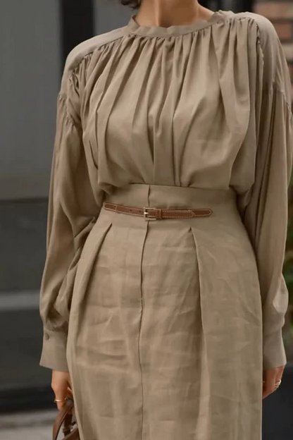 Pleated High Collar Shirt and Skirt Linen Two-piece Suit