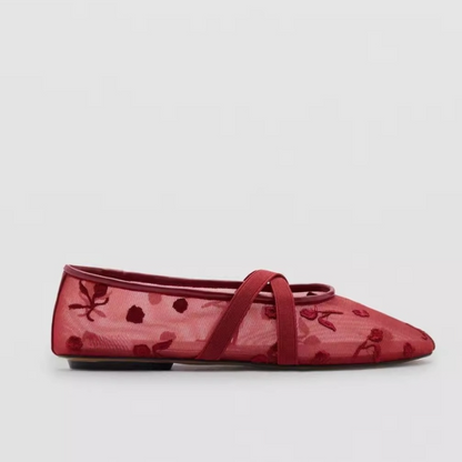 Mesh Embroidered Flower Round-toe Cross-strap Ballet Flats
