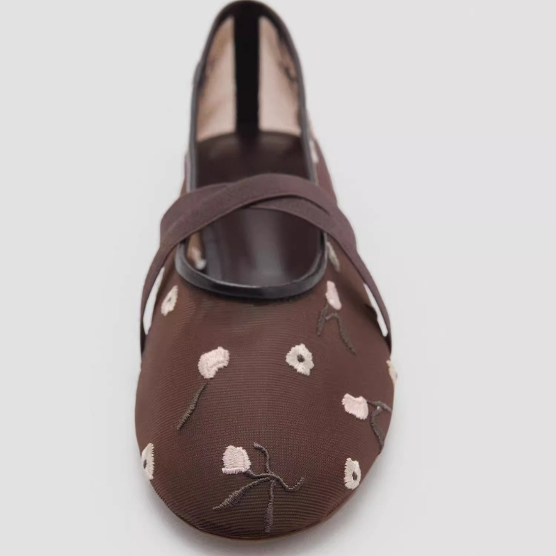 Mesh Embroidered Flower Round-toe Cross-strap Ballet Flats