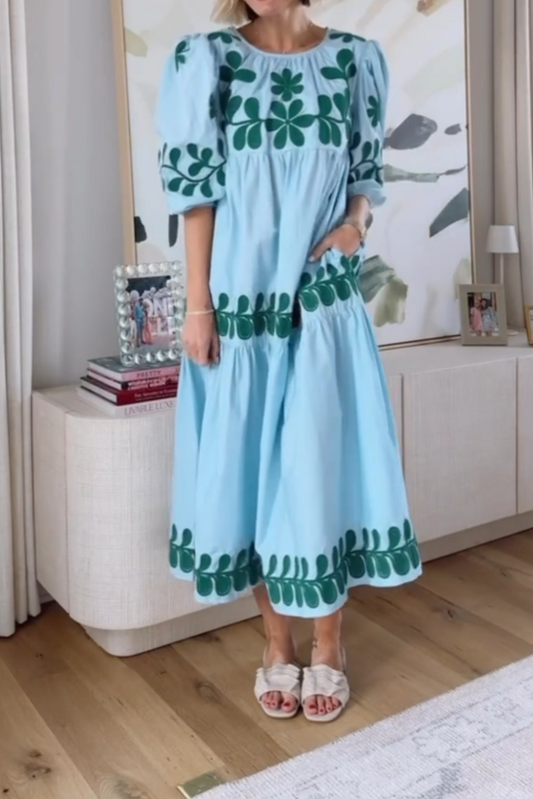 Chic Puff Sleeve Casual Midi Dress