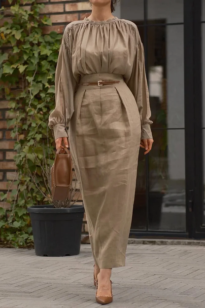 Pleated High Collar Shirt and Skirt Linen Two-piece Suit