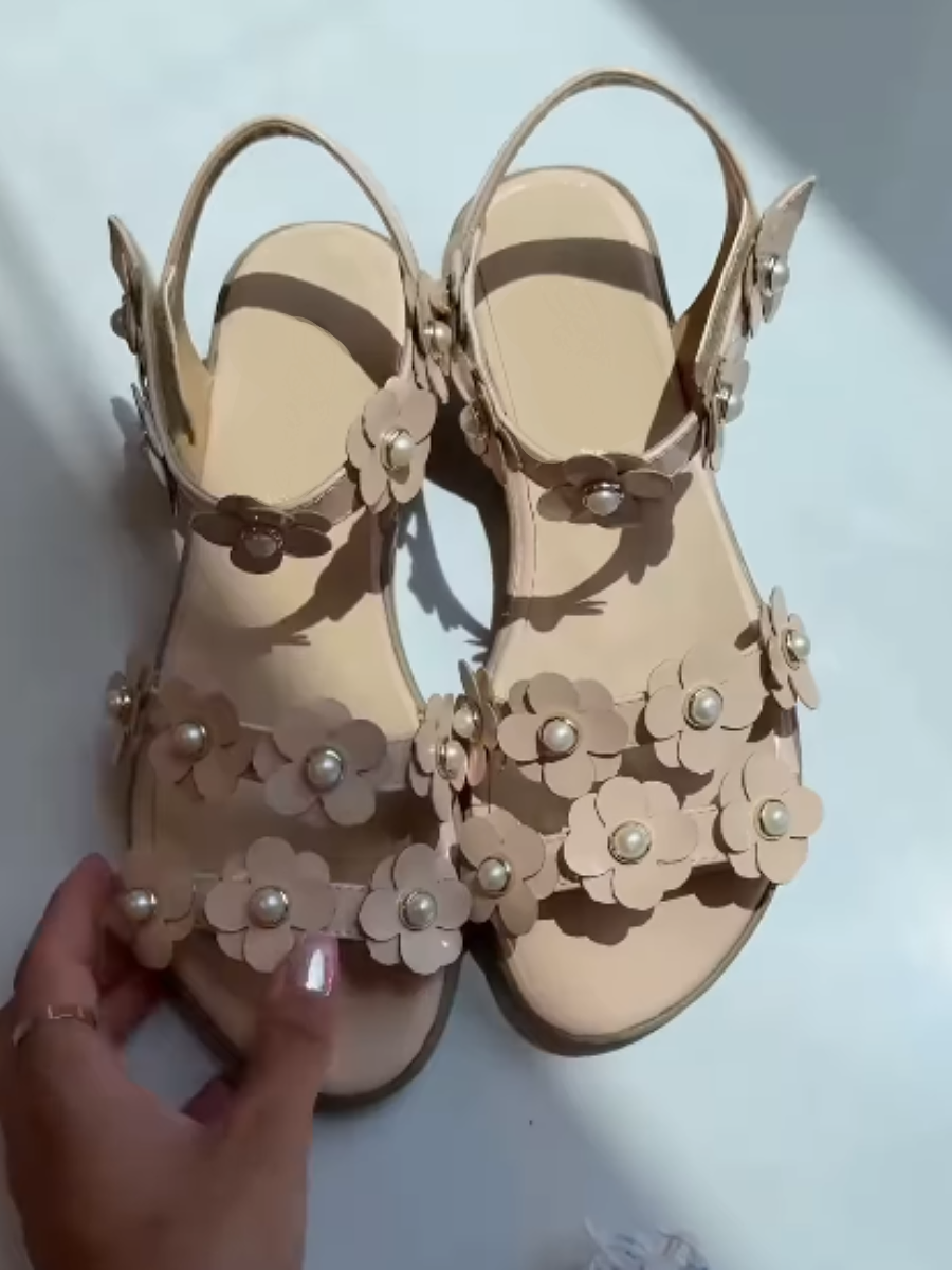 Floral Pearl-Embellished Flat Sandals