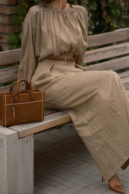 Pleated High Collar Shirt and Skirt Linen Two-piece Suit