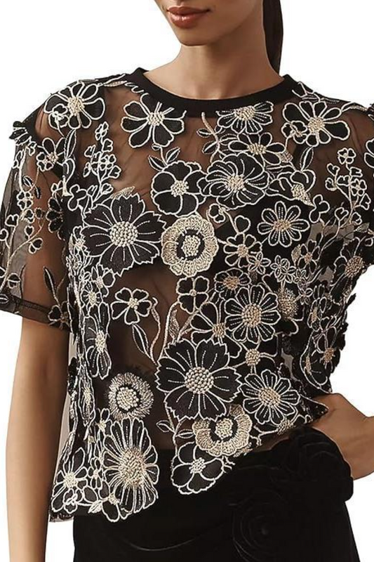 Women's Embroidered 3D Floral Blouse Short Sleeve Crew Neck