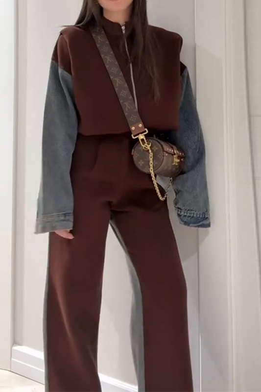 Women's Zipper Long Sleeve Coat Straight Trousers Stitching Two-piece Set