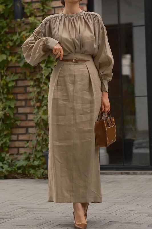 Pleated High Collar Shirt and Skirt Linen Two-piece Suit