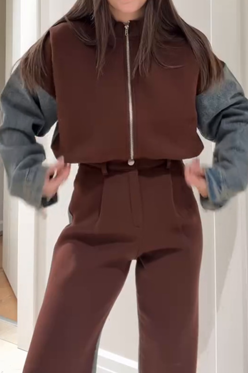 Women's Zipper Long Sleeve Coat Straight Trousers Stitching Two-piece Set