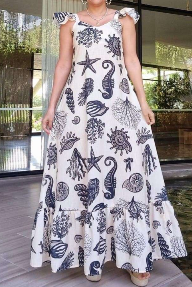 Ruffled Suspenders, Loose Printed Long Skirt