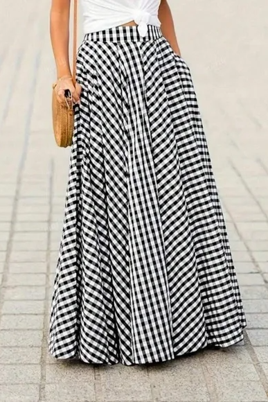 Elegant Black and White Checkered Maxi Skirt
