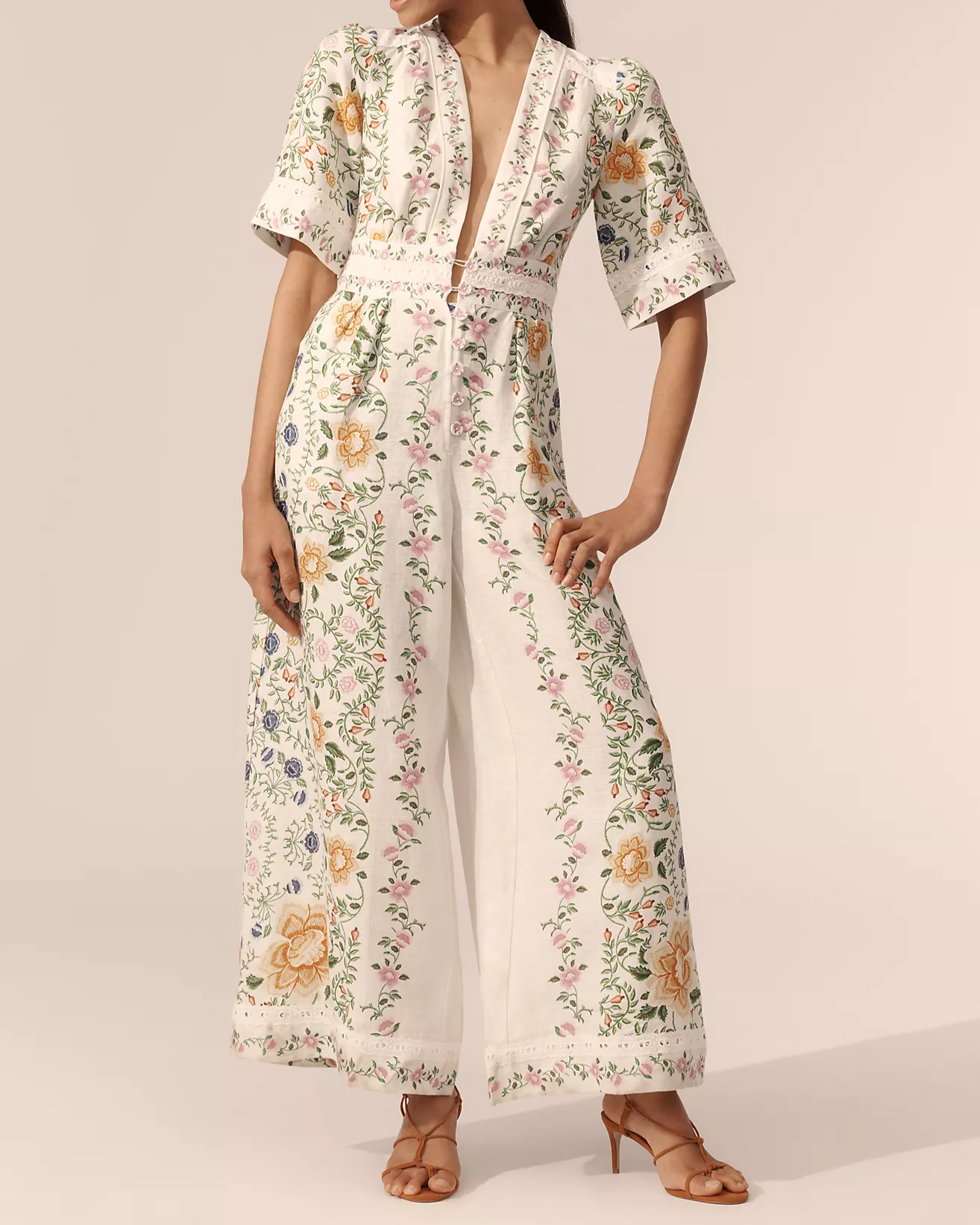 Floral Short-Sleeve Wide-Leg Jumpsuit