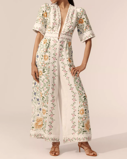 Floral Short-Sleeve Wide-Leg Jumpsuit