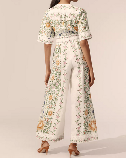 Floral Short-Sleeve Wide-Leg Jumpsuit