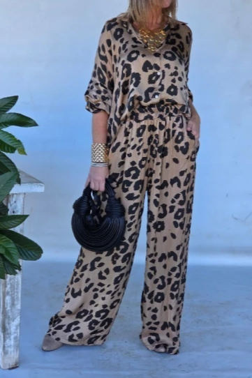 Long Sleeve Trousers Leopard Print Suit