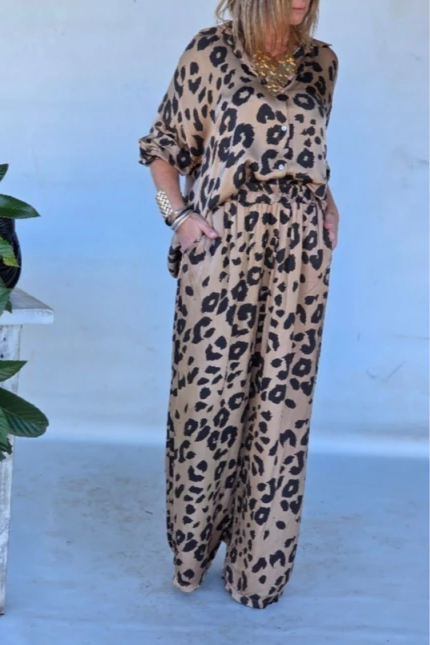 Long Sleeve Trousers Leopard Print Suit
