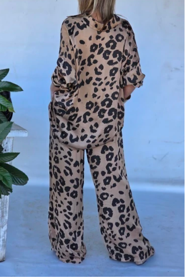 Long Sleeve Trousers Leopard Print Suit