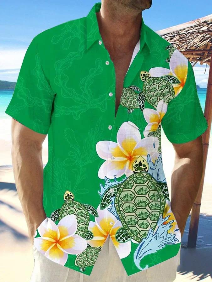 Men's Hawaiian Turtle Print Fashionable Resort Casual Shirt (With Pockets)