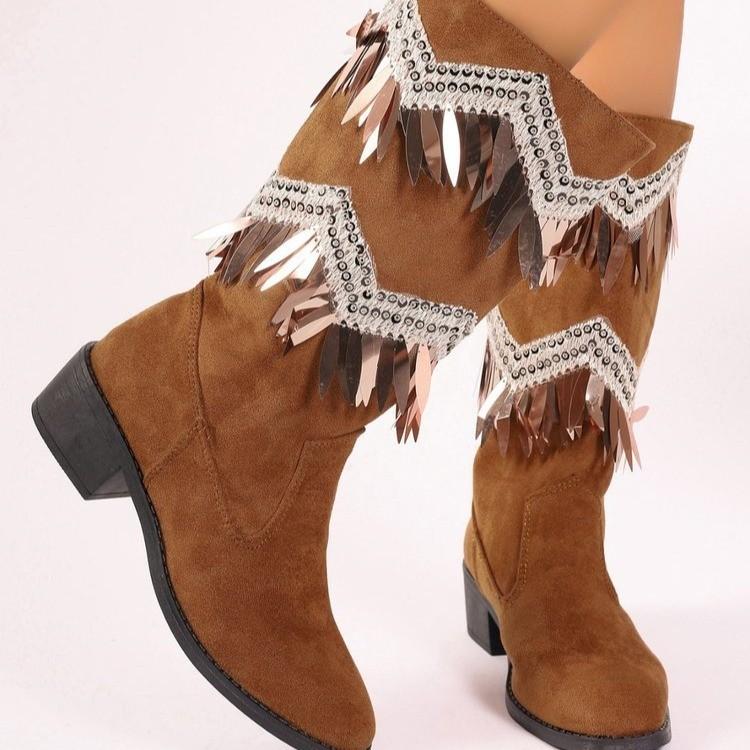 Rhinestone Thick Heel Boots