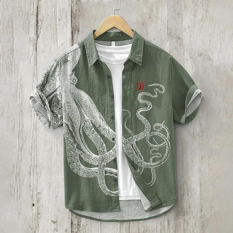 Japanese Art Octopus And Crab Print Casual Linen Blend Shirt