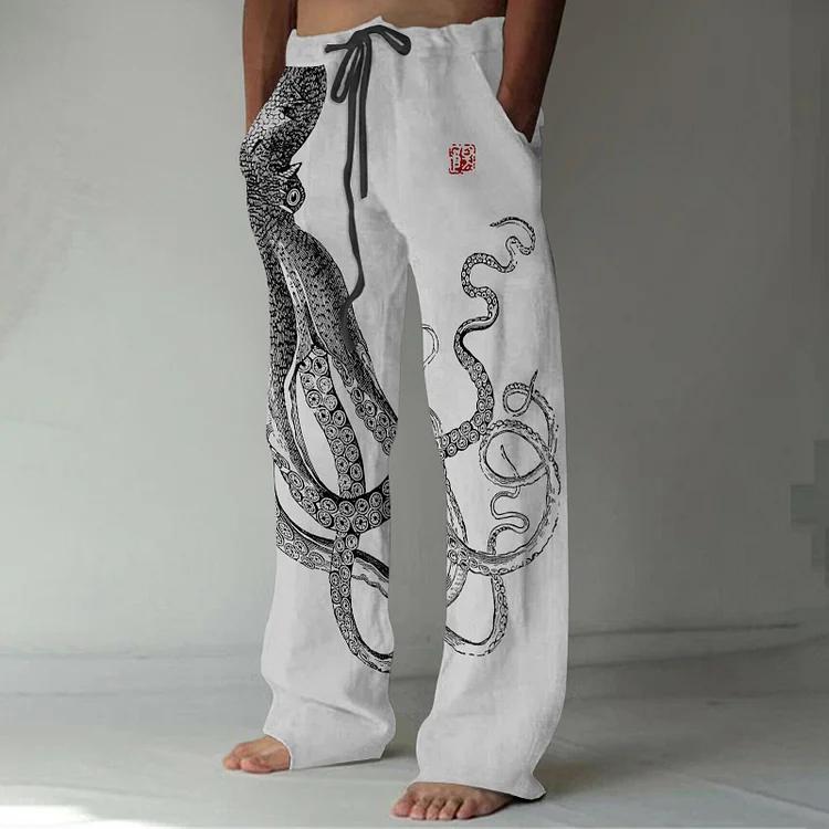 Japanese Art Octopus And Crab Print Casual Linen Blend Pants