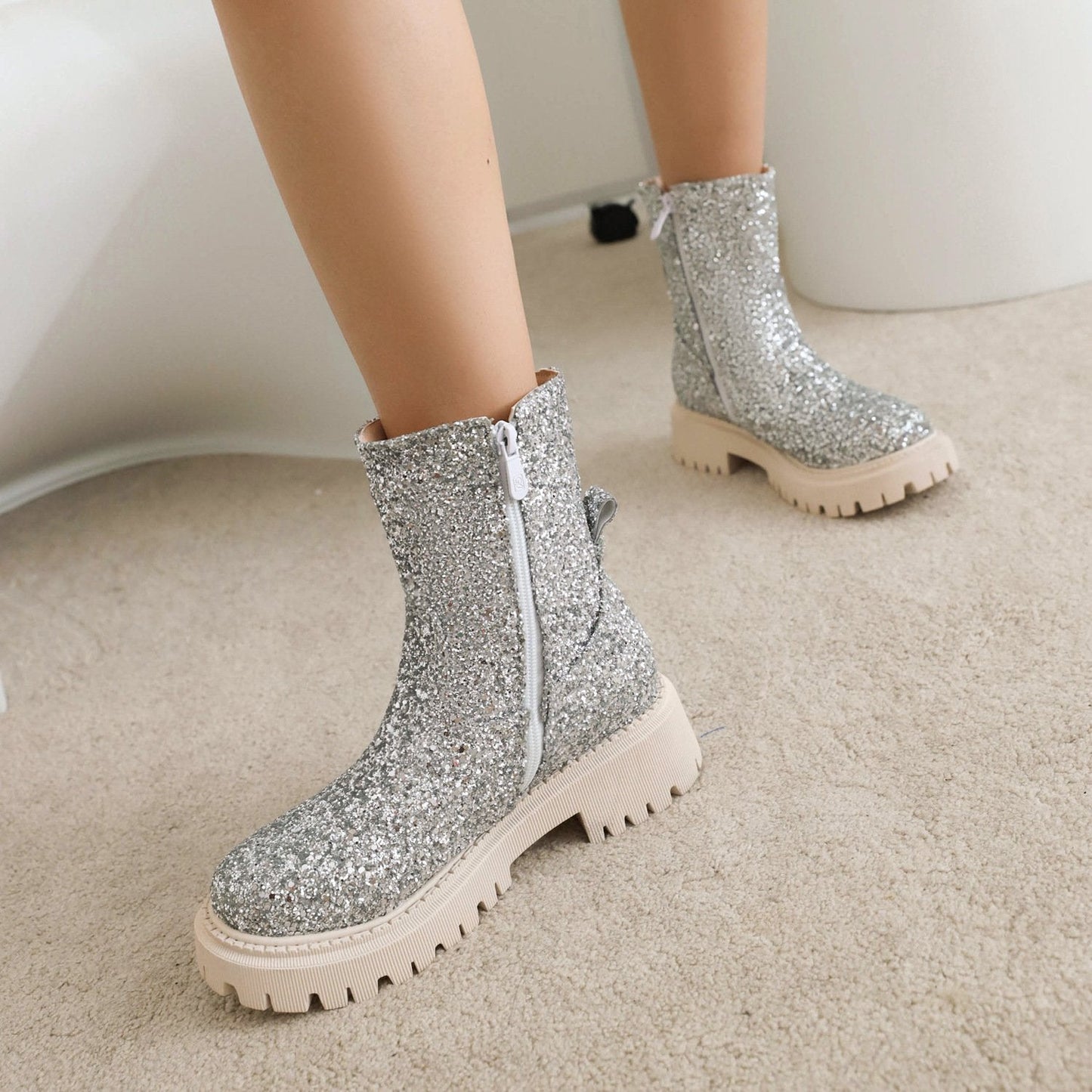 Sequined Low-Heel Martin Boots