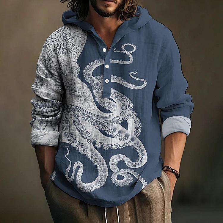 Japanese Art Octopus Graphic Printed Linen Blend Hoodie