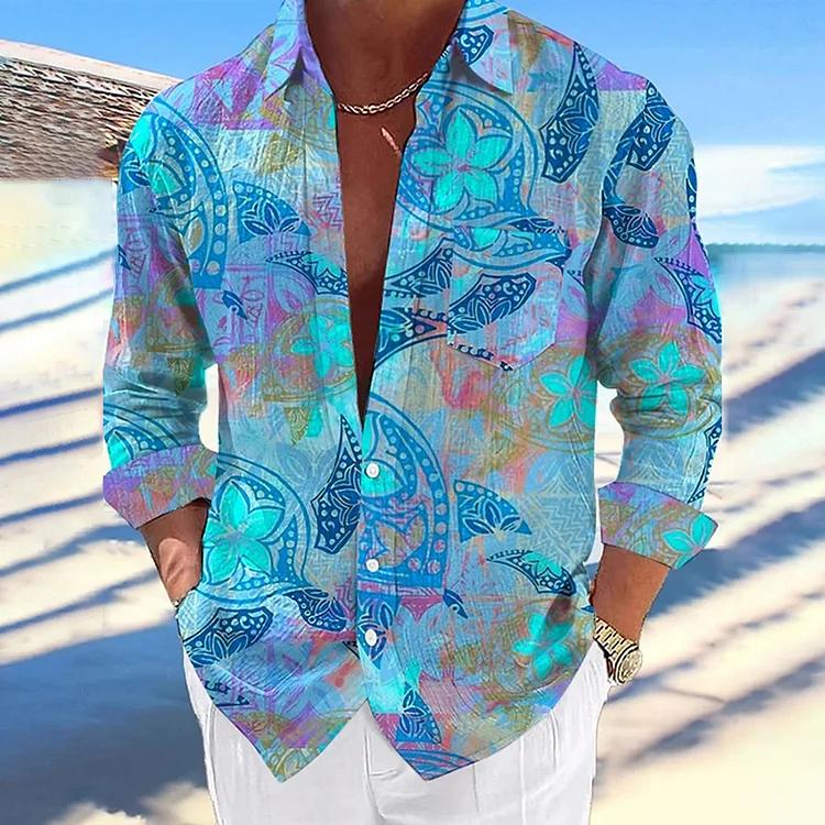 Vacation Casual Men's Hawaiian Turtle Print Long Sleeve Shirt