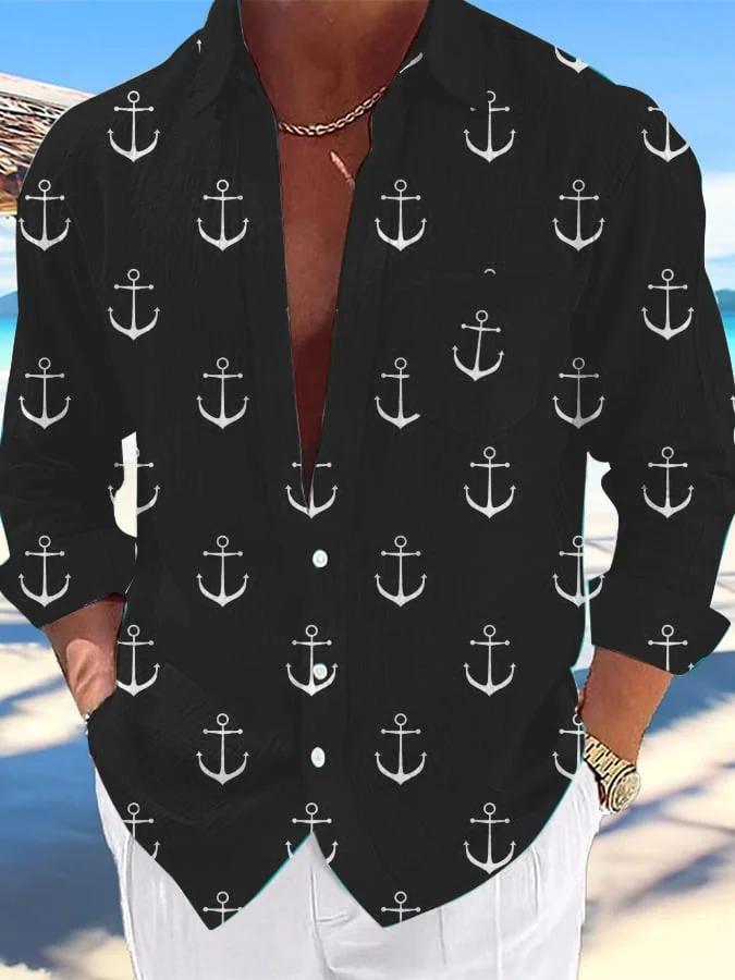 Men's Nautical Design Printed Lapel Pocket Casual Shirt