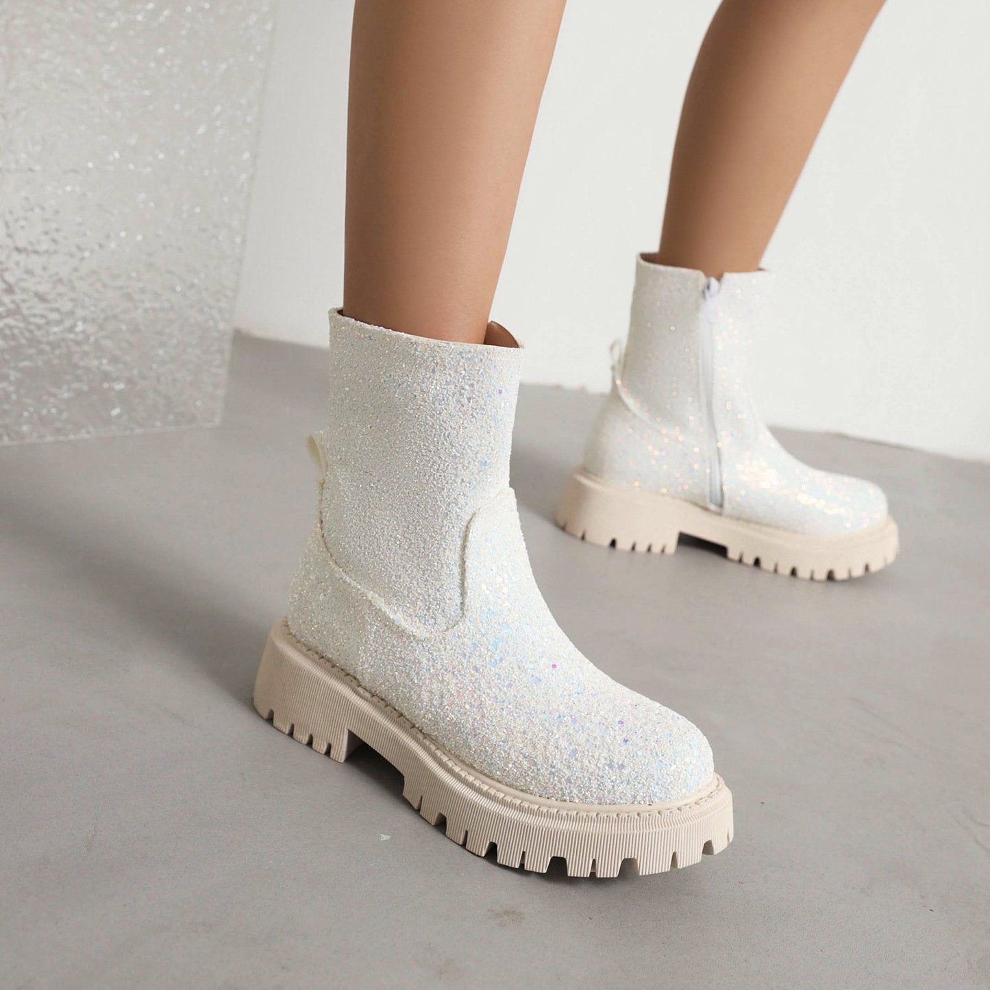 Sequined Low-Heel Martin Boots