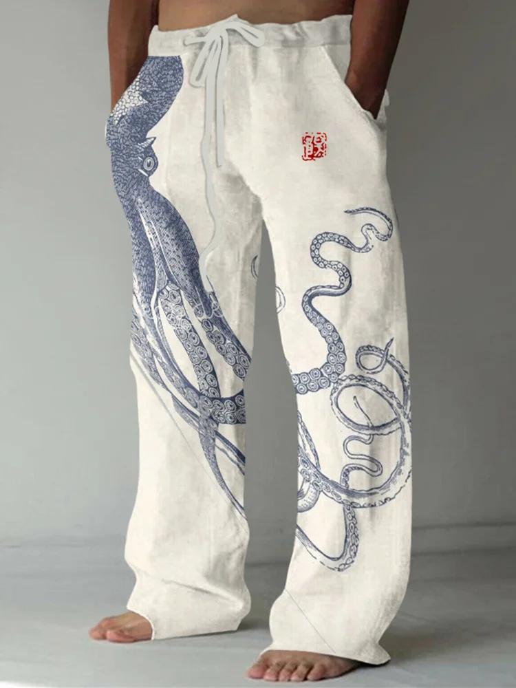 Japanese Art Octopus And Crab Print Casual Linen Blend Pants