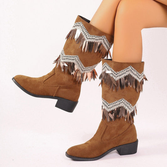 Rhinestone Thick Heel Boots