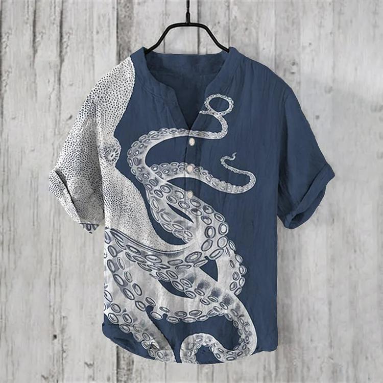 Japanese Art Octopus Graphic Printed Short Sleeve Shirt