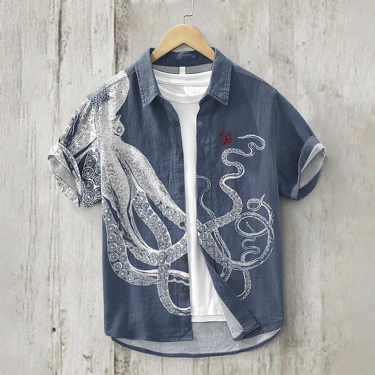 Japanese Art Octopus And Crab Print Casual Linen Blend Shirt