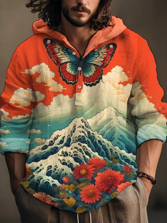 Japanese Art Butterfly Print Linen Hooded Long Sleeve Shirt