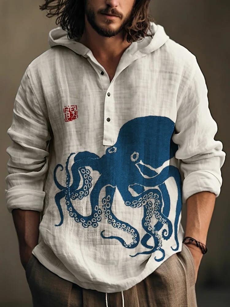 Octopus Japanese Lino Art Linen Blend Hooded Shirt