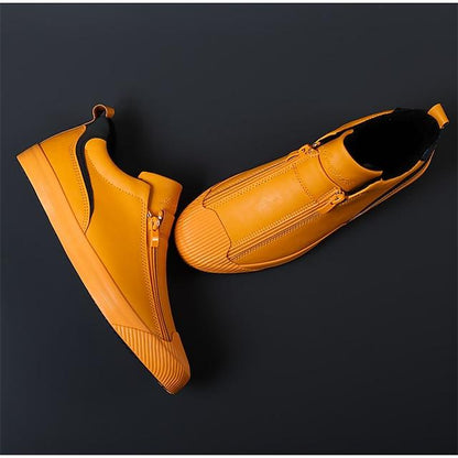 Men's Yellow Leather Slip-On Sneakers With Zipper Closure For Casual Wear