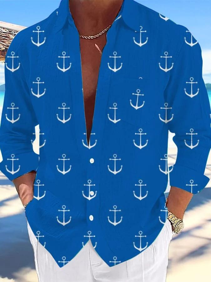 Men's Nautical Design Printed Lapel Pocket Casual Shirt