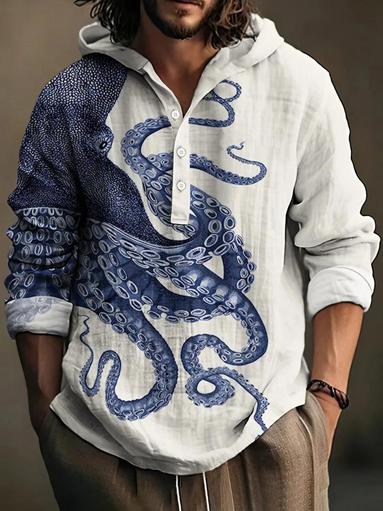 Japanese Art Octopus Graphic Printed Linen Blend Hoodie