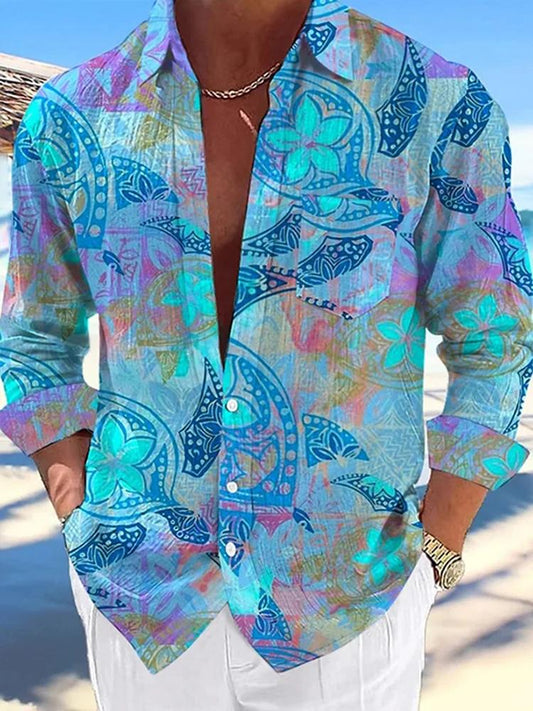 Vacation Casual Men's Hawaiian Turtle Print Long Sleeve Shirt